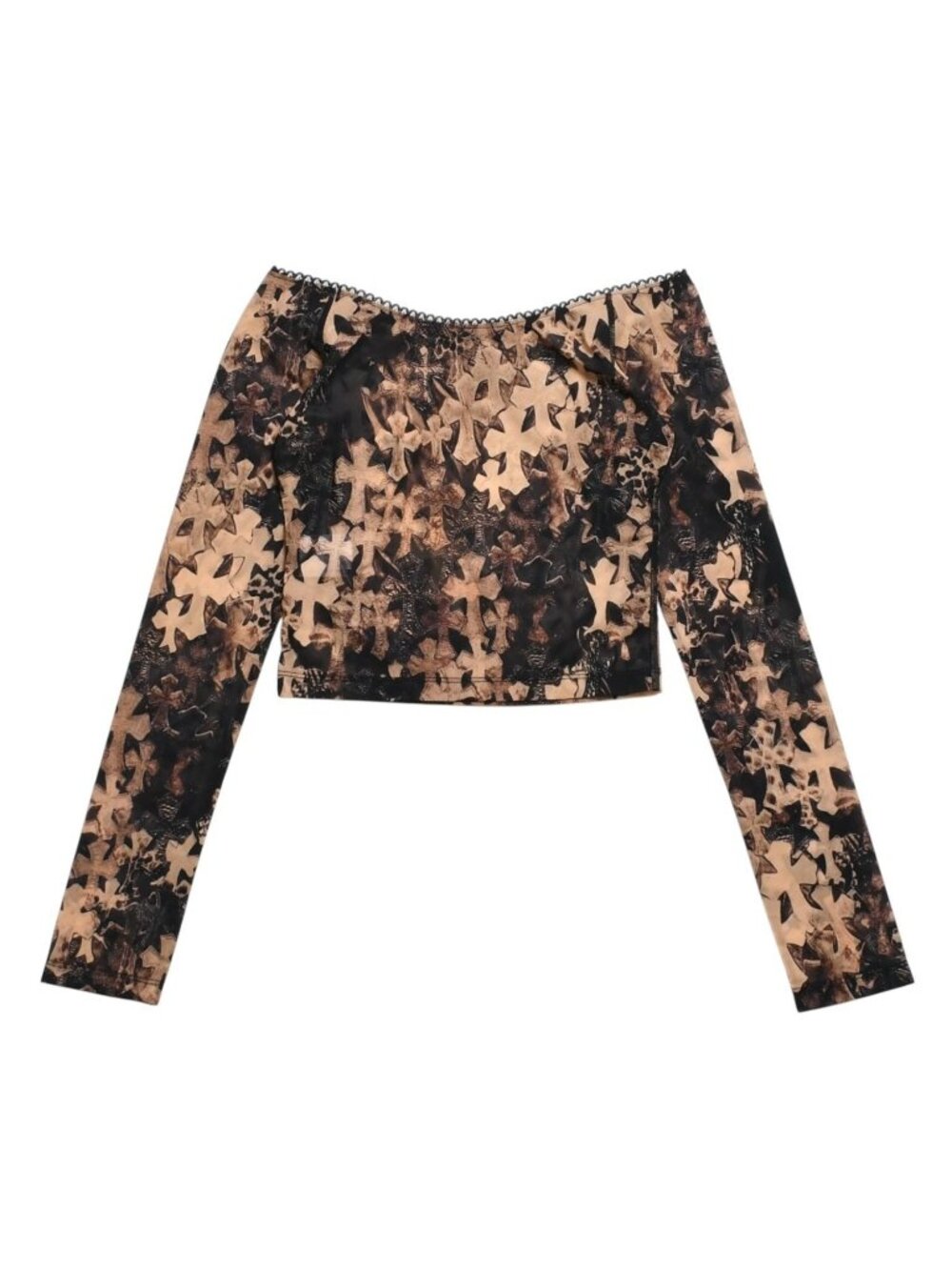 Chrome Hearts All Over Cross Print Mesh Long Sleeve Top Cemetery